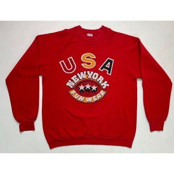 VINTAGE Jerzees New York Fun Wear Sweatshirt Men Small Red 80s 90s USA - Picture 1 of 5